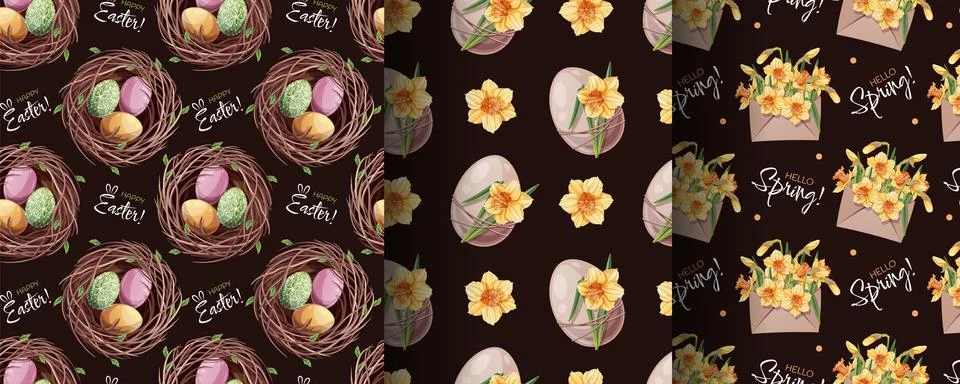Easter Seamless Pattern Set with Eggs in Nest and Daffodils. Spring Floral Stock Illustration