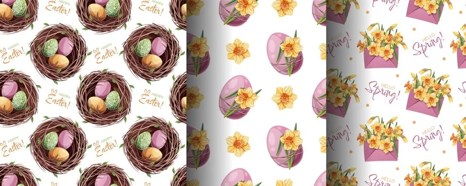 Easter Seamless Pattern Set with Eggs in Nest and Daffodils. Spring Floral Stock Illustration