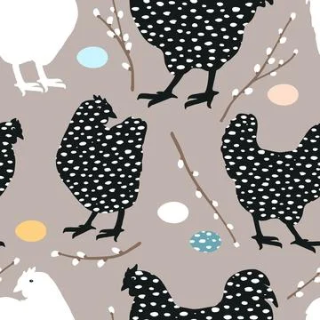 Easter seamless pattern with speckled chicken, eggs, and pussy willow brunches Stock Illustration