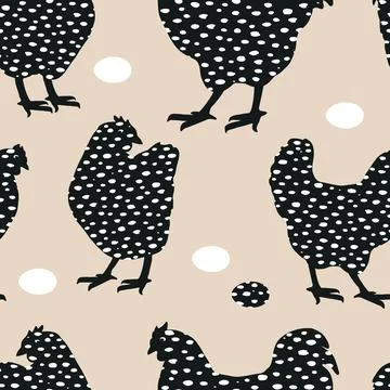Easter seamless pattern with speckled chicken silhouettes, and eggs. Vector Stock Illustration