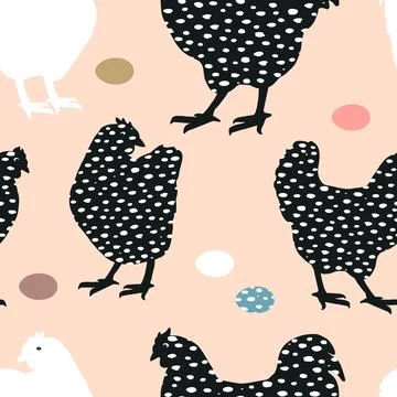 Easter seamless pattern with speckled chicken silhouettes, and eggs. Vector Stock Illustration