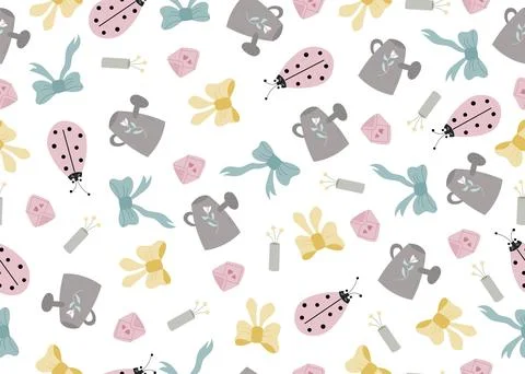 Easter seamless pattern with spring vector elementsbow, ladybug, bee, basket. Stock Illustration