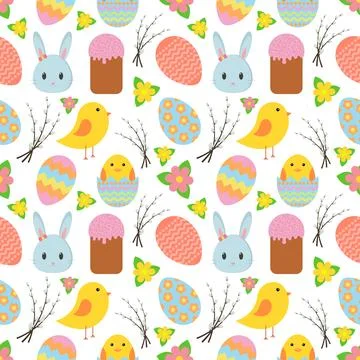 Easter. Seamless pattern with traditional Easter symbols for wrapping paper.. Stock Illustration