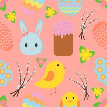 Easter. Seamless pattern with traditional Easter symbols for wrapping paper.. Stock Illustration