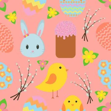 Easter. Seamless pattern with traditional Easter symbols for wrapping paper,  Stock Illustration