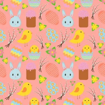 Easter. Seamless pattern with traditional Easter symbols for wrapping paper,  Stock Illustration