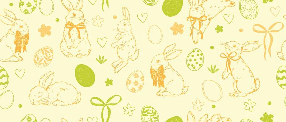 Easter seamless pattern, vector holiday bunny hand drawn texture 스톡 일러스트