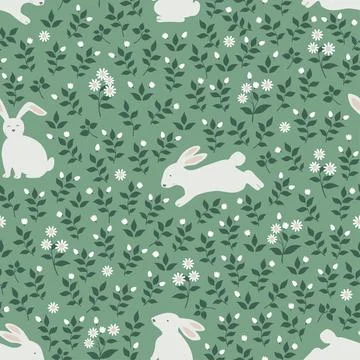 Easter seamless pattern with white rabbits on spring forest,can be use for wa Stock Illustration