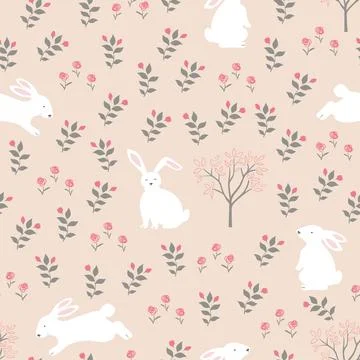 Easter seamless pattern with white rabbits on springtime,design for wallpaper Stock Illustration