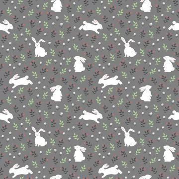 Easter seamless pattern with white rabbits on gray background,design for wall Stock Illustration