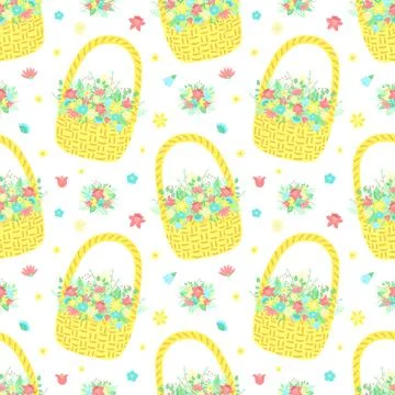 Easter seamless pattern with yellow basket and bouquet of flowers on a transp Stock Illustration