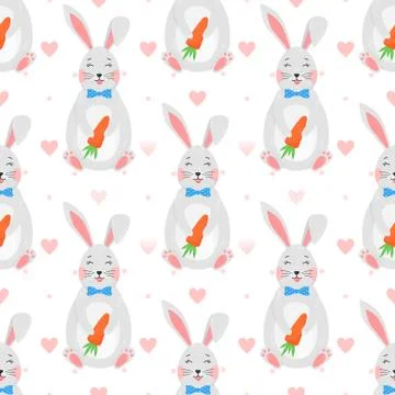 Easter seamless pattern.Cute funny bunny with carrot,dots and hearts.Easter h Stock Illustration