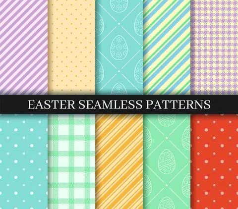 Easter seamless Patterns set. Eggs, Gingham, Polka Dot and Striped pattern de Stock Illustration