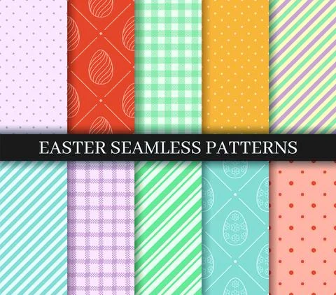 Easter seamless Patterns set. Eggs, Gingham, Polka Dot and Striped pattern de Stock Illustration