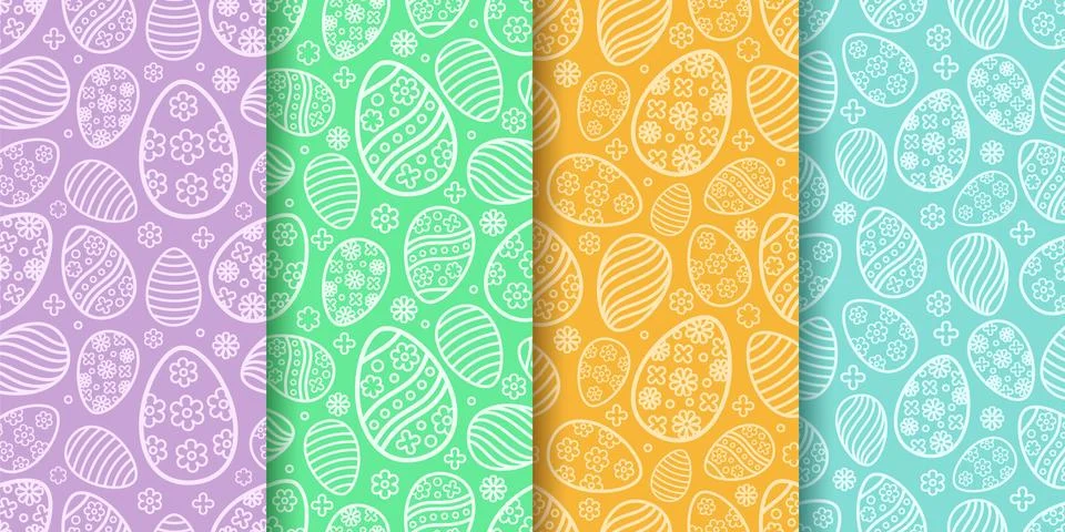 Easter seamless Patterns set in pastel colors. Eggs with ornament pattern des Stock Illustration