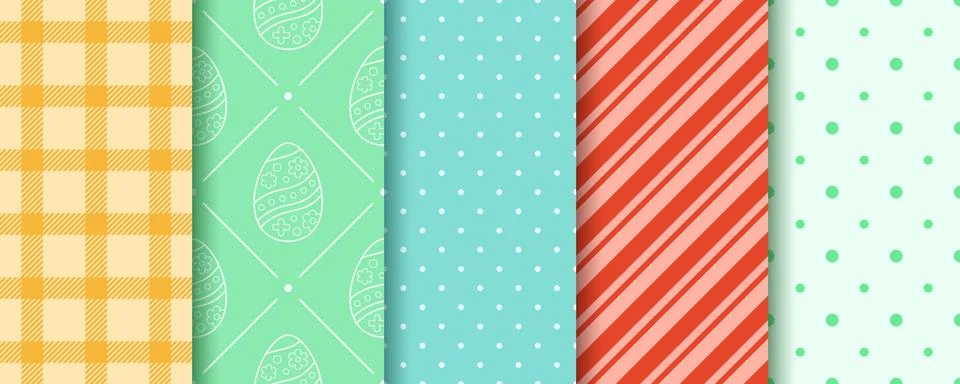 Easter seamless Patterns set in pastel colors. Eggs, Gingham, Polka Dot and S Stock Illustration