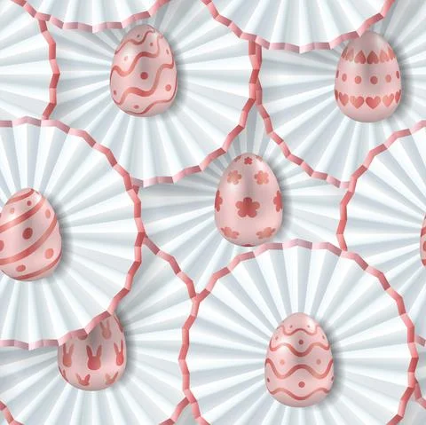 Easter seamless pink and white pattern with realistic golden eggs and paper f Stock Illustration