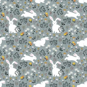 Easter seamless repeat pattern with cute hand drawn rabbits,creative for ki.. Stock Illustration