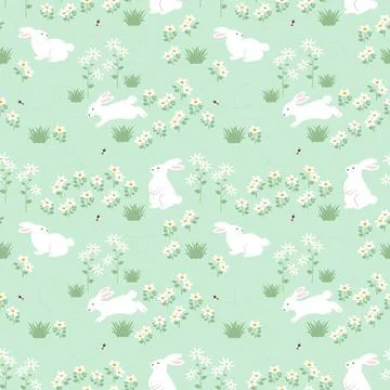 Easter seamless repeat pattern with cute rabbits and daisy flowers on green.. Stock Illustration