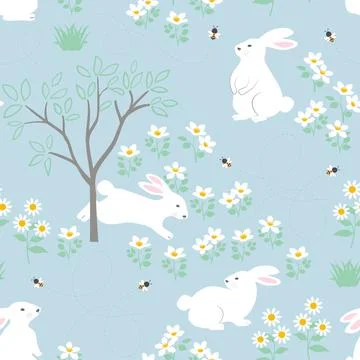 Easter seamless repeat pattern with cute hand drawn rabbits on spring flowers Stock Illustration