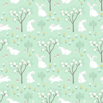 Easter seamless repeat pattern with cute hand drawn rabbits on green backgrou Illustrazione stock