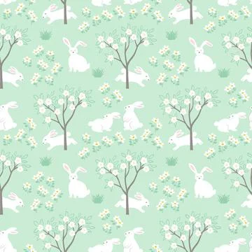 Easter seamless repeat pattern with cute rabbits on spring forest Stock Illustration