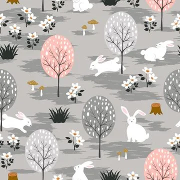 Easter seamless repeat pattern with cute bunnies happy on spring forest Stock Illustration