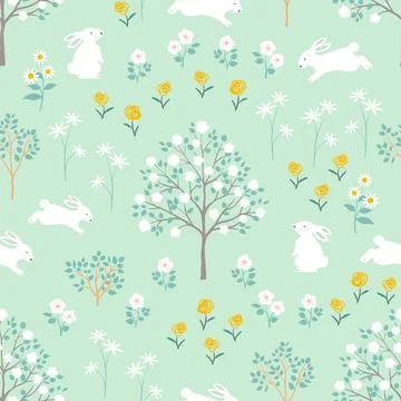 Easter seamless repeat pattern with hand drawn rabbits and wildflowers on s.. Stock Illustration