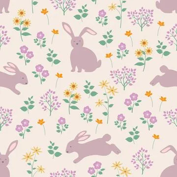 Easter seamless repeat pattern with rabbits on wildflowers design for decor.. Stock Illustration