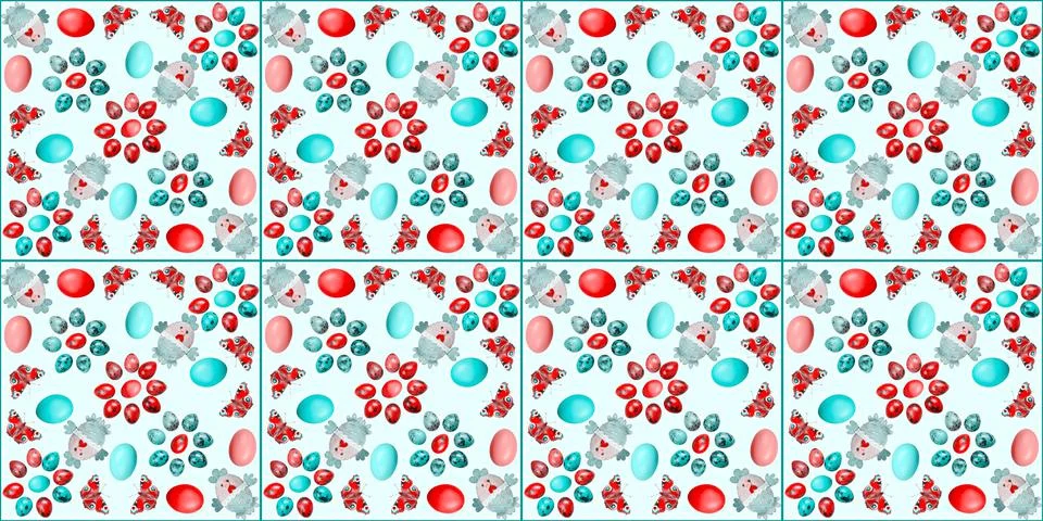 Easter seamless tinted pattern with multicolored eggs, toy chicken and butter 写真素材