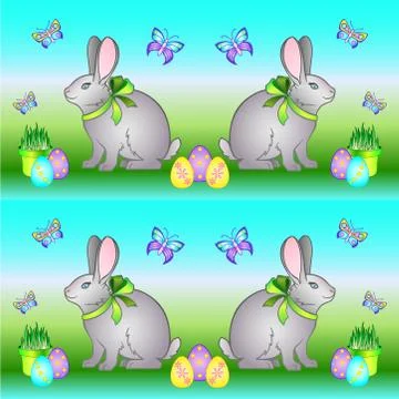 Easter seamless vector pattern with bunnies, painted eggs and butterflies. Stock Illustration
