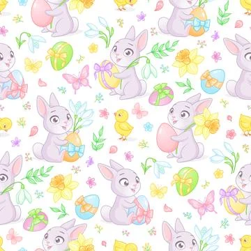Easter seamless vector pattern with cute bunnies, chicks, eggs, spring flowers Stock Illustration