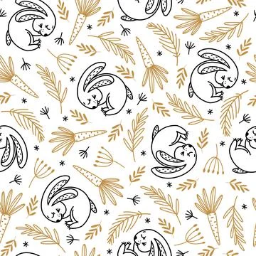 Easter seamless vector pattern with lazy bunny. Hand drawn illustration 库存插图
