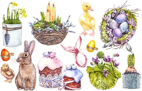 Easter set and template clip art with Easter eggs, flowers, animals, easter cake Stock Illustration