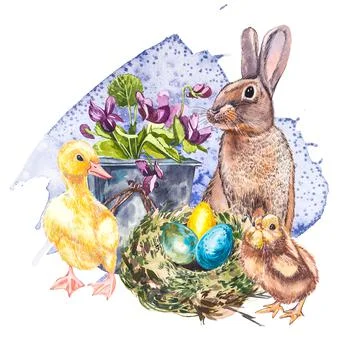 Easter set and template clip art with Easter eggs, flowers, animals, easter cake Stock Illustration