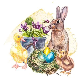 Easter set and template clip art with Easter eggs, flowers, animals, easter cake Stock Illustration