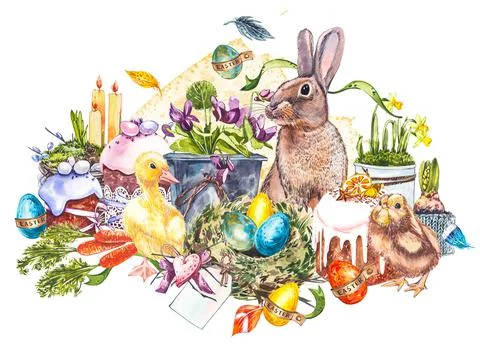 Easter set and template clip art with Easter eggs, flowers, animals, easter cake Stock Illustration