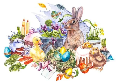 Easter set and template clip art with Easter eggs, flowers, animals, easter cake Stock Illustration