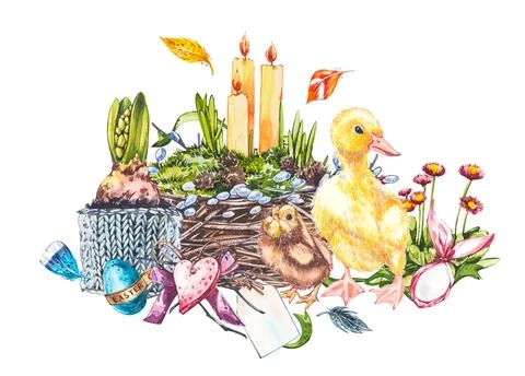 Easter set and template clip art with Easter eggs, flowers, animals, easter cake Stock Illustration