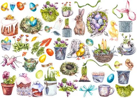 Easter set and template clip art with Easter eggs, flowers, animals, easter cake Stock Illustration