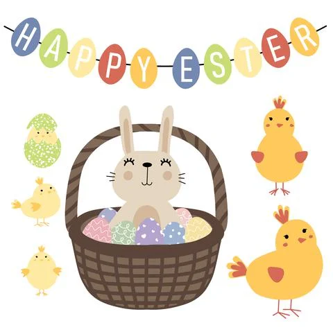 Easter set with a basket of eggs and a rabbit, a chicken with little chick Stock Illustration