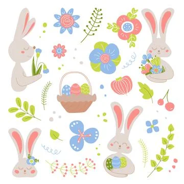 Easter set of bunny, eggs and flowers. Vector spring holiday collection. Stock Illustration