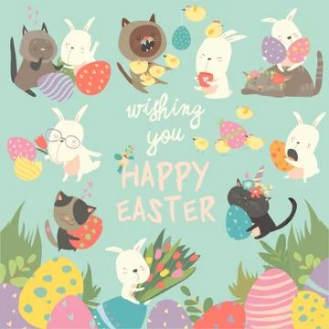 Easter set with bunny,eggs,rabbit,flowers,cats, chick on blue background. vector Stock Illustration