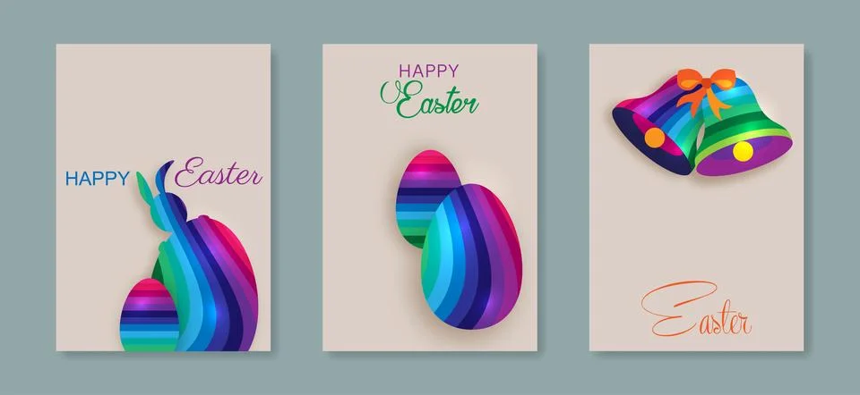 Easter set card of eggs, bunny, bells. Paper cut colorful striped. Happy Easter 스톡 일러스트