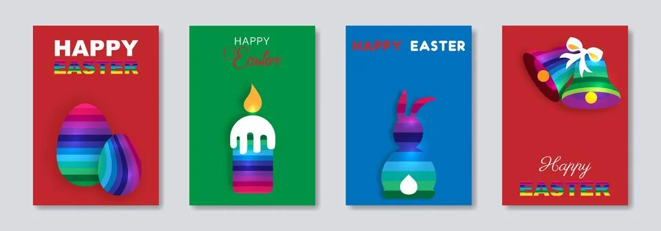 Easter set card of eggs, bunny, bells, candle. Paper cut colorful striped 스톡 일러스트