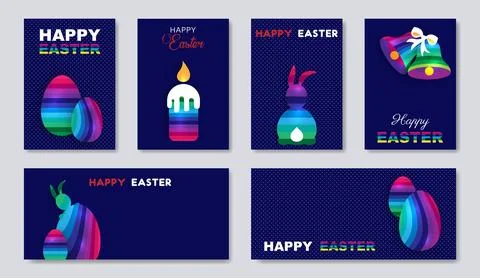 Easter set card of eggs, bunny, bells, candle. Paper cut colorful striped Illustrazione stock