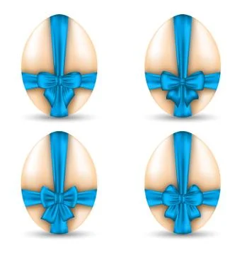 Easter set celebration eggs wrapping blue bows with shadows isolated on whi.. Illustrazione stock