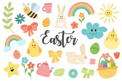 Easter set. Collection of hand drawn spring items for bright easter design Stock Illustration