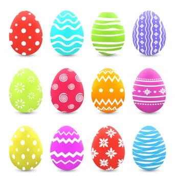 Easter set colorful ornate eggs with shadows isolated on white background Stock Illustration