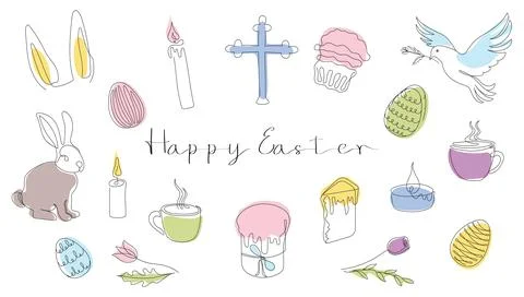 Easter Set in continuous one line style with design elements like bunny, eggs Illustrazione stock